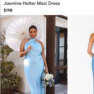 SHOW ME YOUR MUMU
Jasmine Halter Maxi Dress
Baby Blue Luxe Satin
Size small